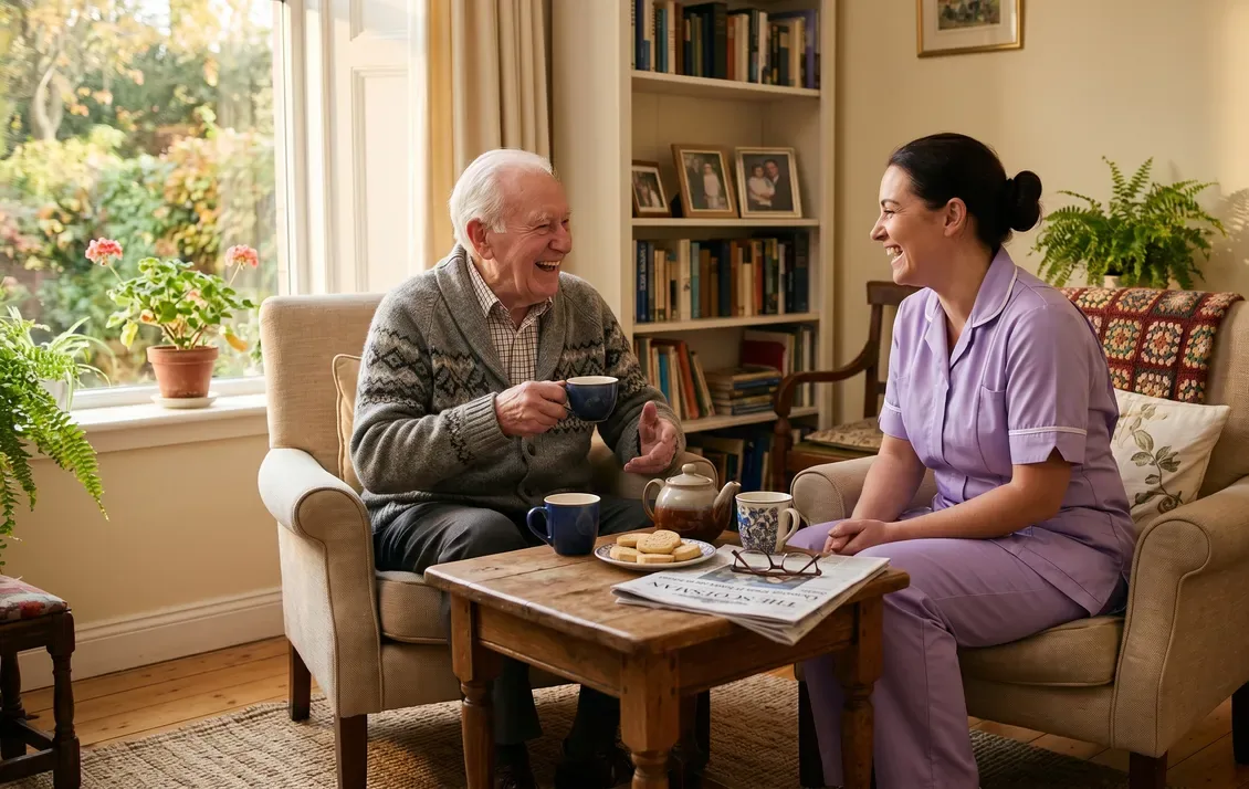 Carer sharing tea and a laugh with an elderly gentleman at home