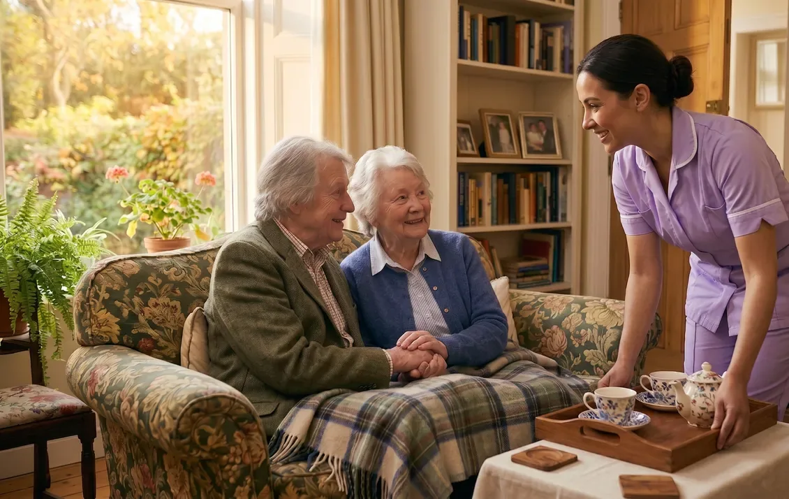 Elderly couple holding hands on the sofa while their carer serves tea